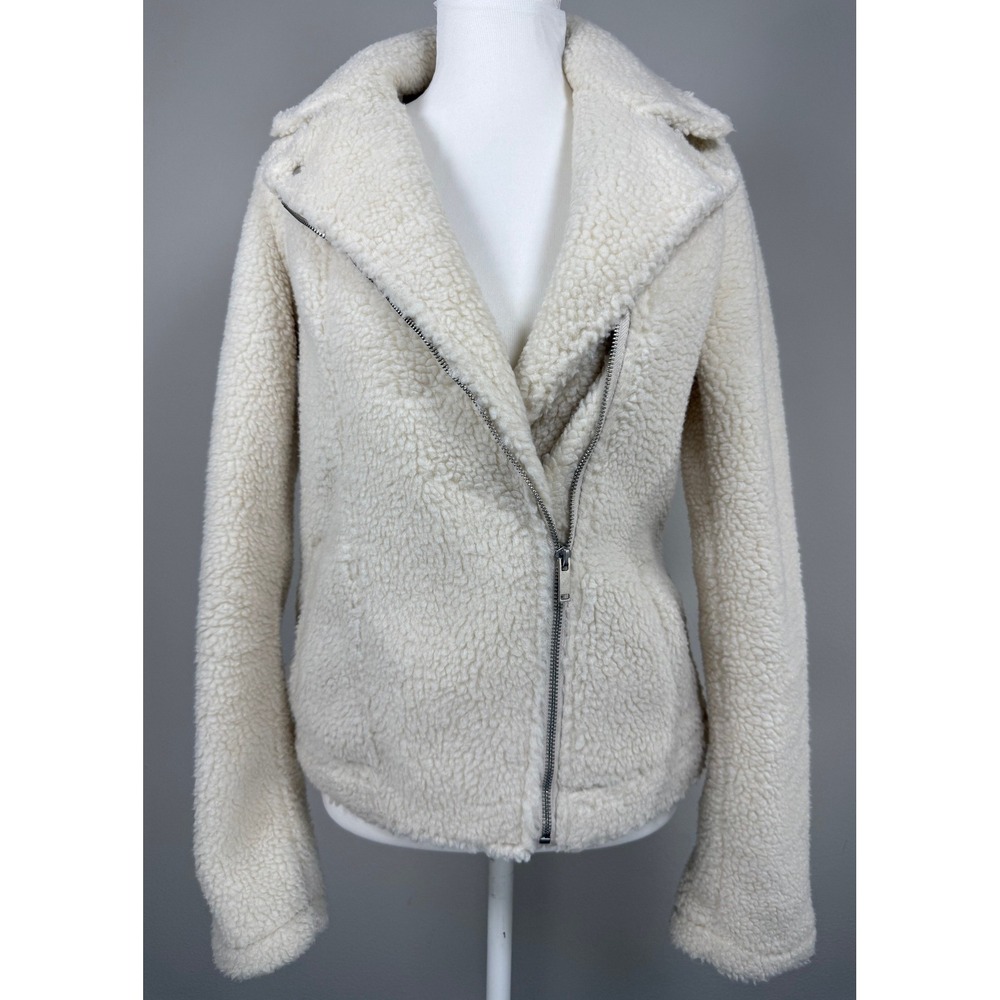Old Navy Sherpa Moto Jacket Women ST Cream Asymmetrical Zip Biker Teddy Cozy